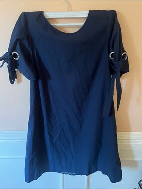 Navy Blue Short Sleeve grommet Tie Detail Women's mini dress med